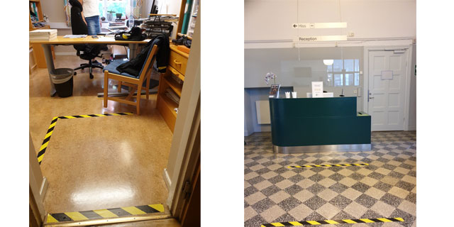 Golvmarkering för distansering samt plexiglasskärmar på studentexpeditionen på Campus Sköndal och vid receptionen på Campus Ersta